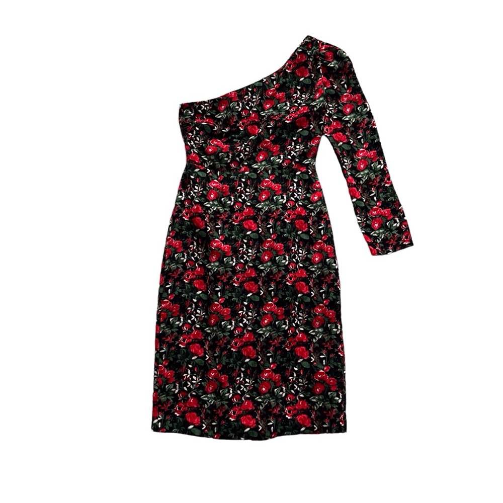 Club Monaco Red Rose Floral Velvet One Sleeve Sheath Dress Fancy Party Women’s 0